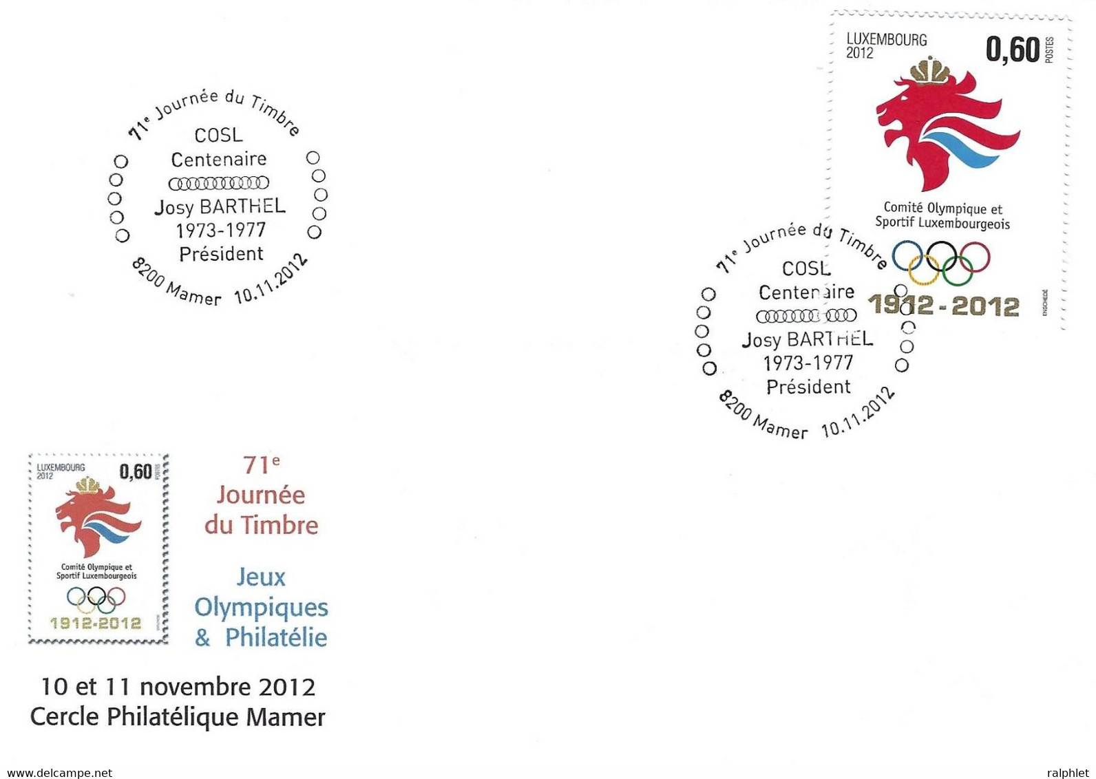 Luxembourg 2012 Mamer 100 Ans Comité Olympique Josy Barthel ¦ Anniversary Olympic Committee ¦ Jahre Olympische Komitee - Lettres & Documents