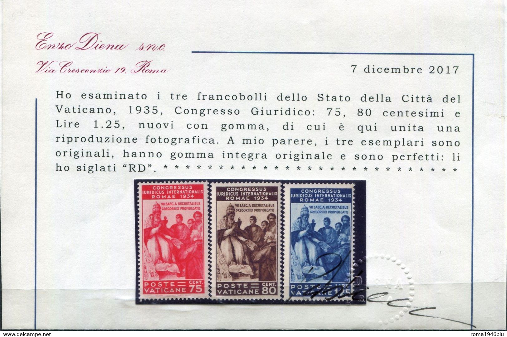 VATICANO 1935 CONGRESSO GIURIDICO SERIE CPL. ** MNH CERT. DIENA - Unused Stamps