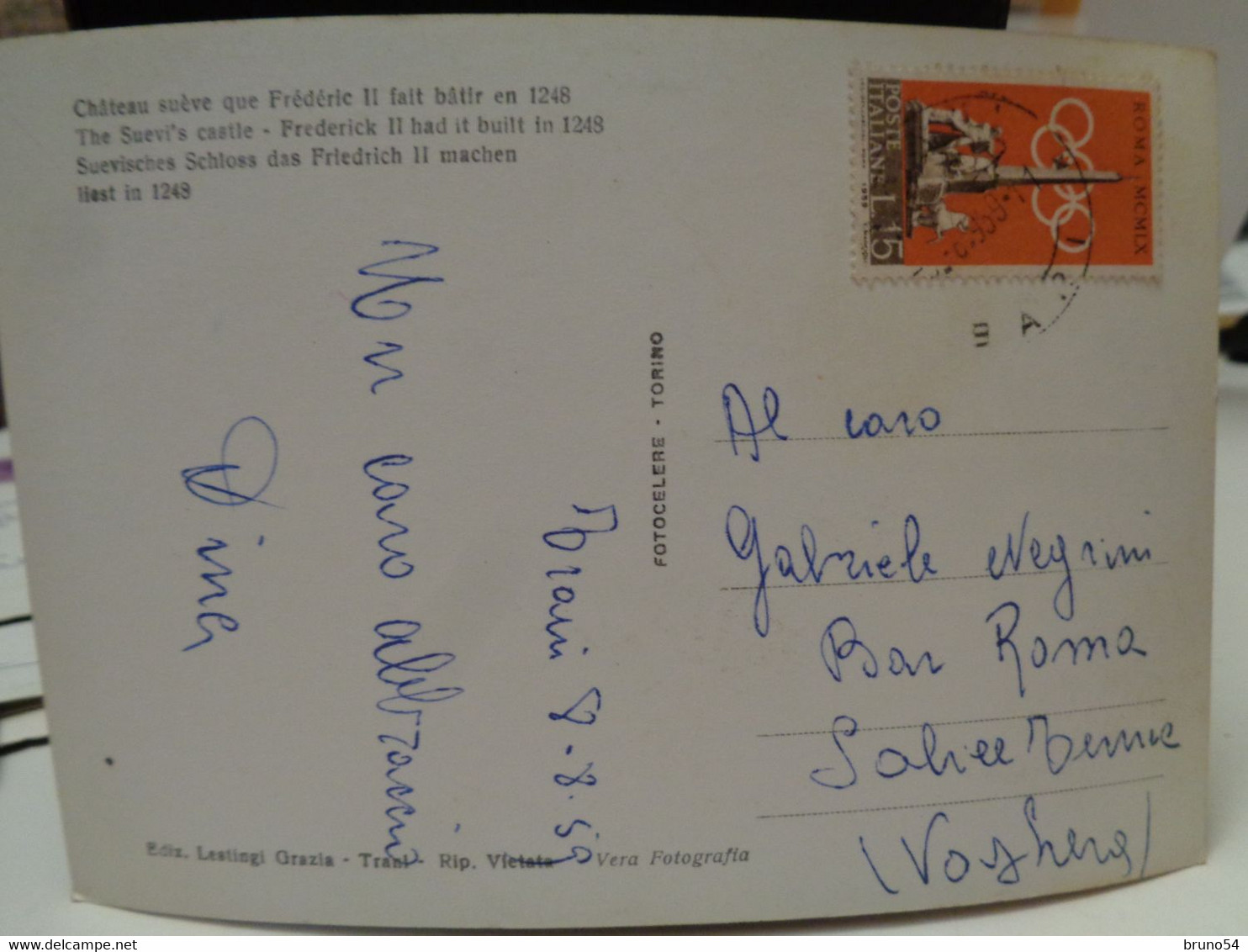 Cartolina  Trani Provincia Di Barletta-Andria-Trani Castello Svevo Costruito Da Federico II 1959 - Trani