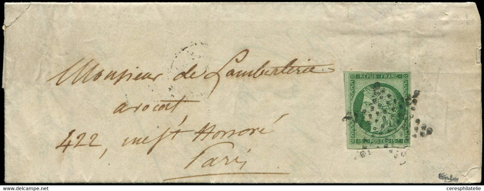 Let EMISSION DE 1849 - 2    15c. Vert, Obl. ETOILE S. LAC De Paris Pour Paris 4/53, TB. C - 1849-1876: Période Classique