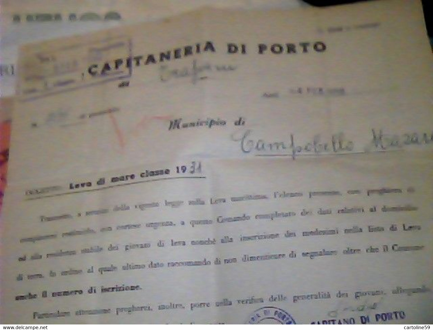 PIEGO COMUNE DI CAMPOBELLO DI MAZARA DEL VALLO  CAPITANERIA DI PORTO  X TRAPANI 1952 HW3277 - Mazara Del Vallo