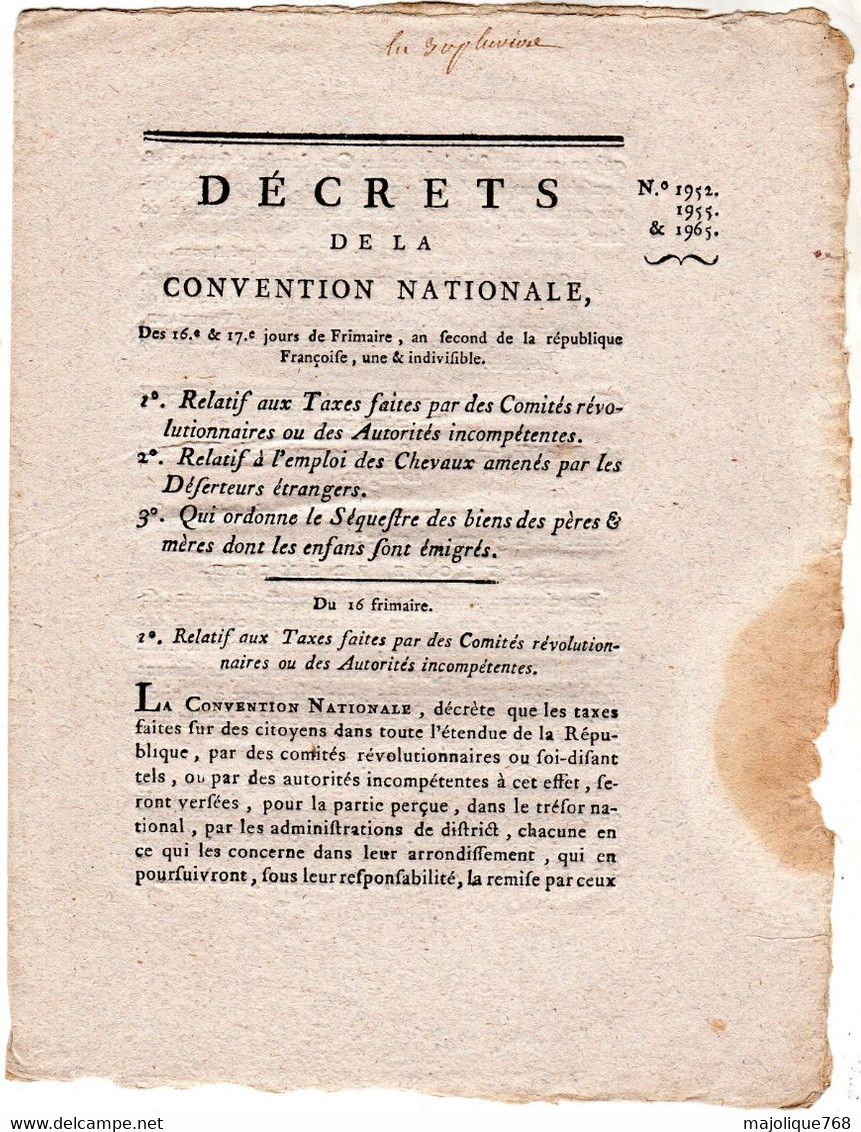 Decret De La Convention Nationale, Des 16e & 17e Jour De Frimaire L'an 2 De La République Française, Une & Indivisible . - Décrets & Lois