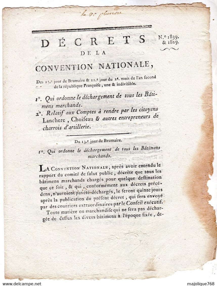 Decret De La Convention Nationale, Des 13e Jour De Brumaire & 11e Jour Du 2e Moi De L'an 2 De La Rép - Décrets & Lois