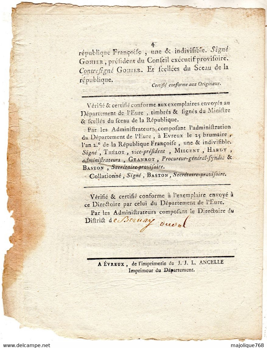 Decret De La Convention Nationale, Des 13e Jour De Brumaire & 11e Jour Du 2e Moi De L'an 2 De La Rép - Décrets & Lois