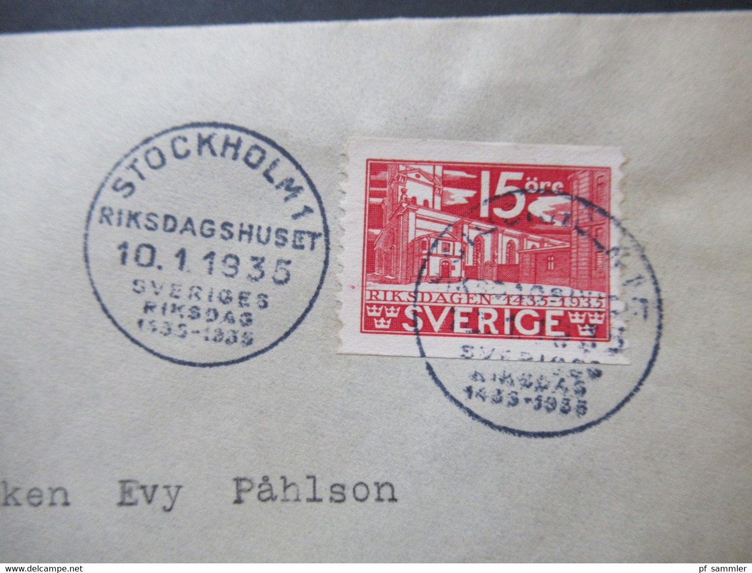 Schweden 1935 Riksdag / Schwedischer Reichstag Nr. 223 A Sonderstempel / FDC Riksdaghuset 10.1.1935 - Briefe U. Dokumente