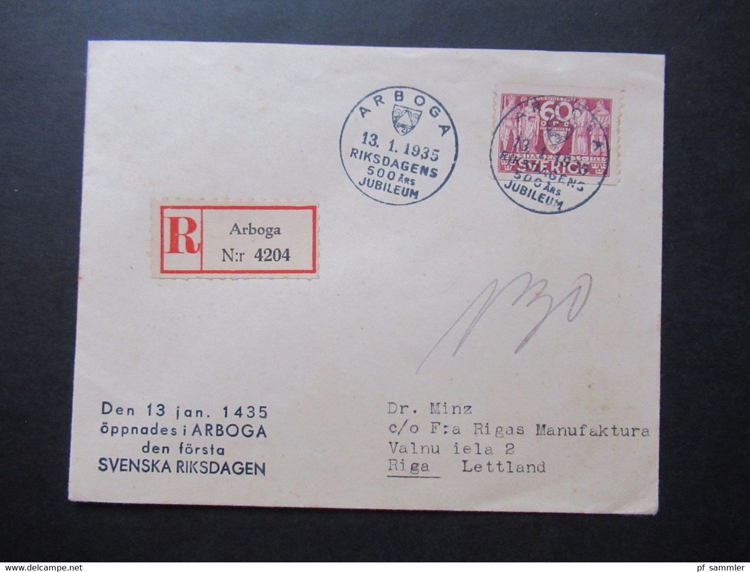 Schweden 1935 Riksdag / Schwedischer Reichstag Nr. 226 Sonderstempel Riksdagens Einschreiben Arboga Nach Riga - Storia Postale