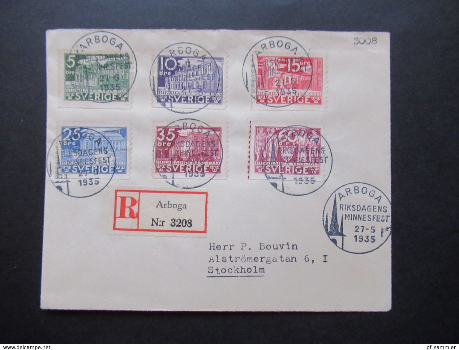 Schweden 1935 Riksdag / Schwedischer Reichstag Nr. 221 / 226 Satzbrief Einschreiben Arboga SST Riksdagens Minnesfest - Storia Postale