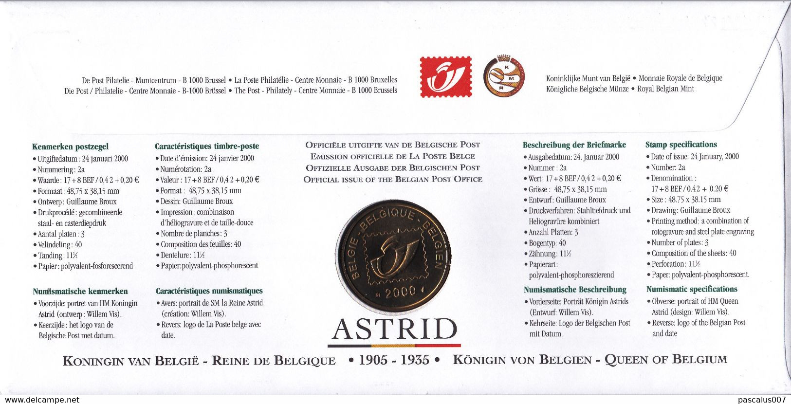 B01-260 2879 FDC Numisletter Dynastie Royal Couronne Reine Astrid Belge 22-01-2000 3520 Zonhoven - Numisletter