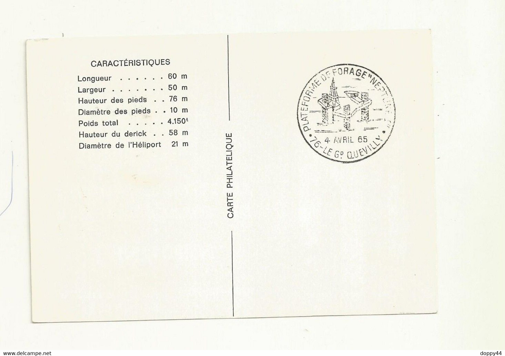 CACHET PROVISOIRE PLATEFORME DE FORAGE NEPTUNE 1 DU 04/04/1965 SUR CARTE. - Matasellos Provisorios
