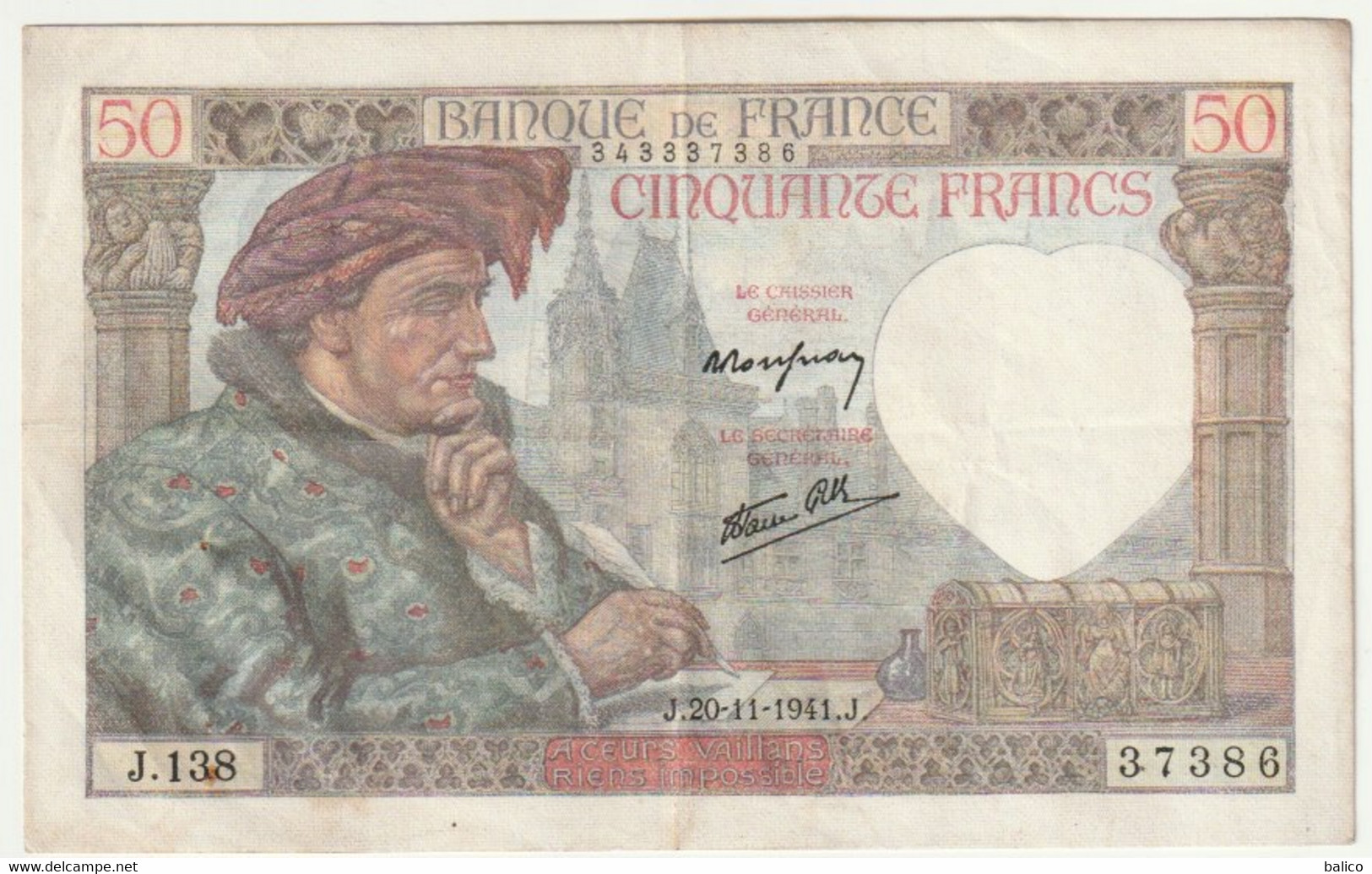 Billet 50 Francs   Jacques Coeur   20-11-1941 -  N° J.138 - 37386 - Très Bon état - 50 F 1940-1942 ''Jacques Coeur''