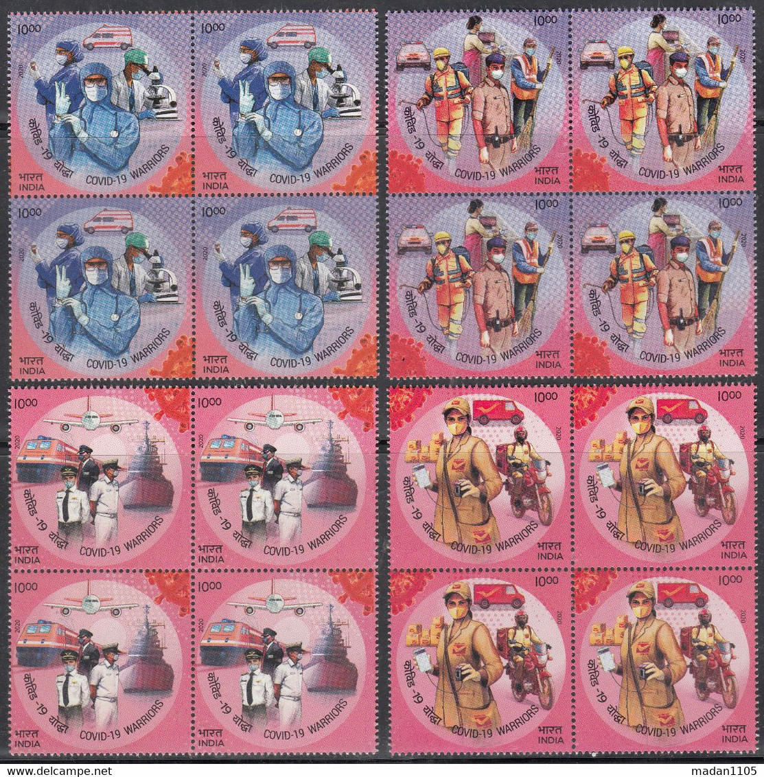 INDIA 2020 Salute To COVID-19 WARRIORS, PANDEMIC, Disease,Health, Set 4v Complete BLOCKS Of 4, MNH(**) - Unused Stamps