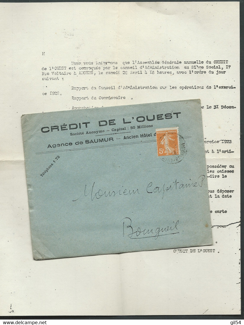 Yvert N° 158 Sur LAC Obl. Saumur 31/03/1923 , Au Tarif Imprimé Du 1/04/1920 Au 24/03/1924  -  Aoa19801 - Cartas & Documentos