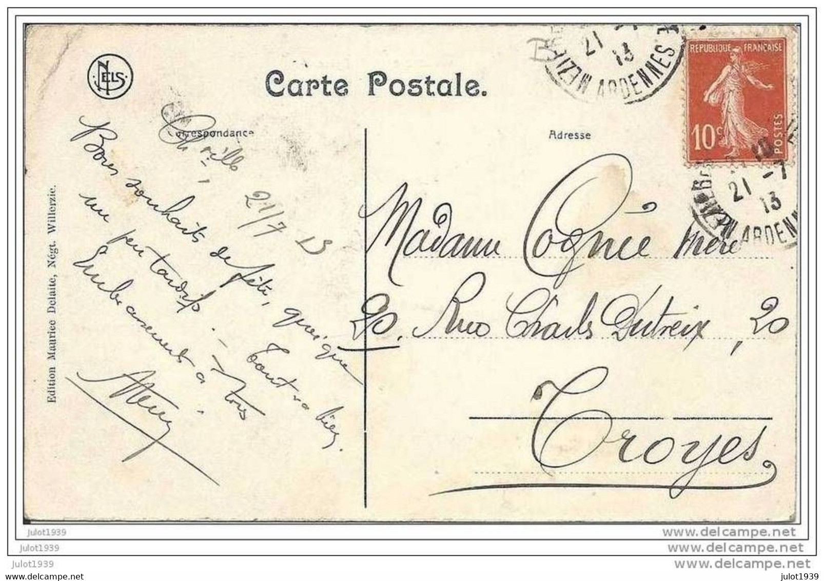 WILLERZIE ..-- Intérieur De L ' Eglise . 1913 Vers TROYES ( Mme COGNEE ) . Voir Verso . - Gedinne