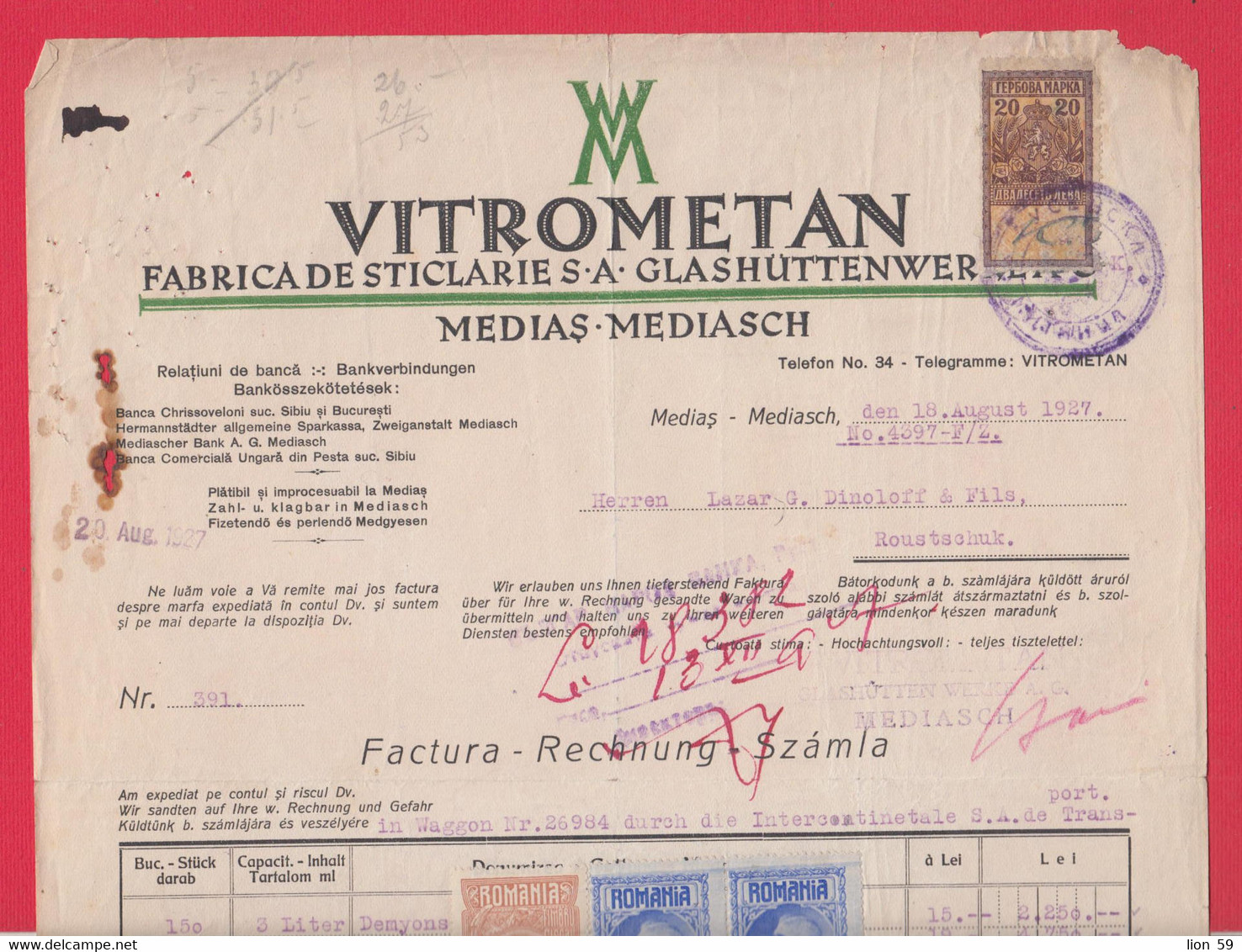 257780 /  Romania 1927 - 30+3+3 Lei Revenue Fiscaux Bulgaria 20 Leva , Vitrometan Fabrica De Sticlarie - Mediaș Mediasch - Andere & Zonder Classificatie