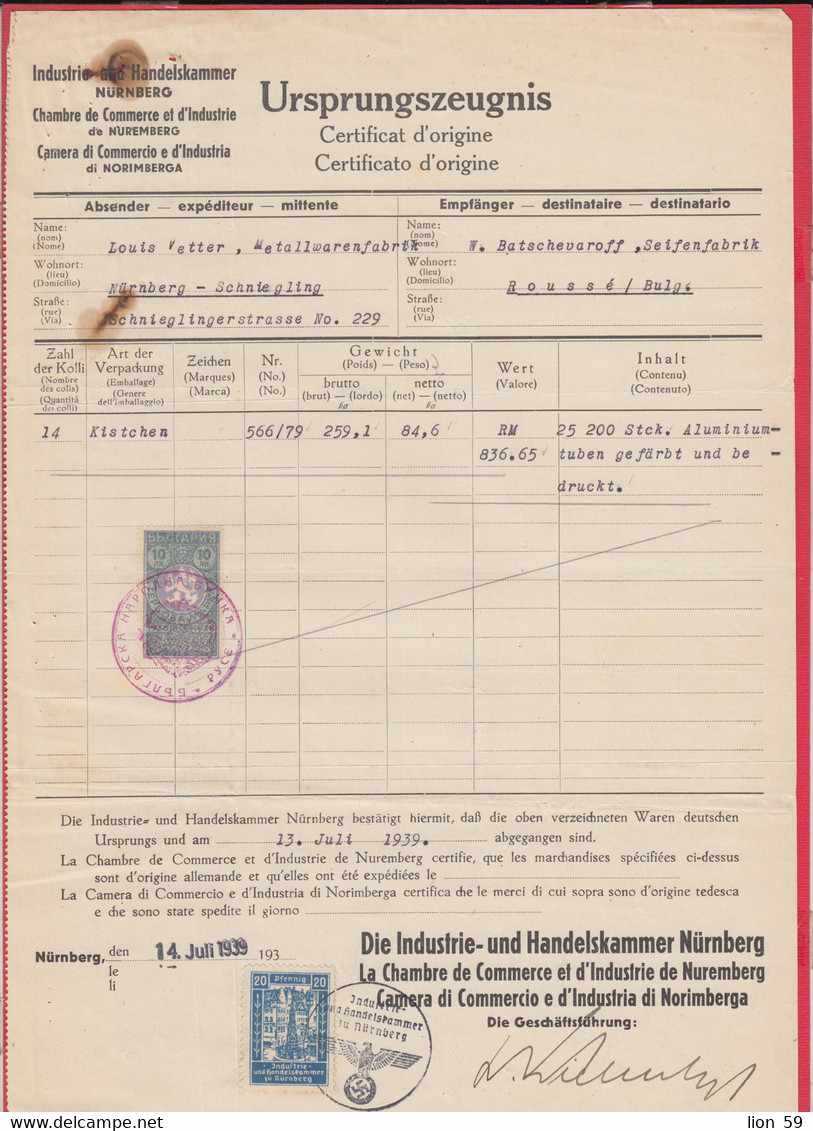 257798 / Germany 1939  - 20 Pf. Industrie- Und Handelskammer Nürnberg Revenue Fiscaux 10 Leva (1938) Bulgaria - Verkehr & Transport