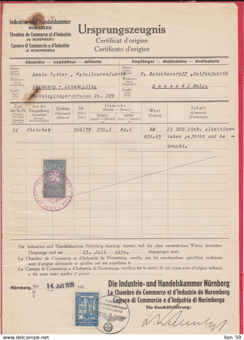 257798 / Germany 1939  - 20 Pf. Industrie- Und Handelskammer Nürnberg Revenue Fiscaux 10 Leva (1938) Bulgaria - Transport