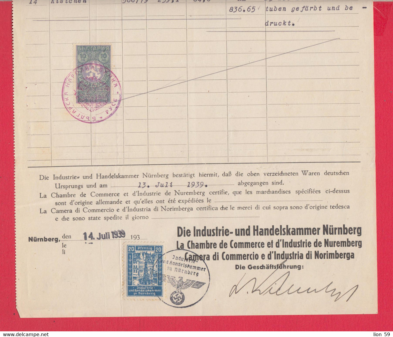 257798 / Germany 1939  - 20 Pf. Industrie- Und Handelskammer Nürnberg Revenue Fiscaux 10 Leva (1938) Bulgaria - Transport