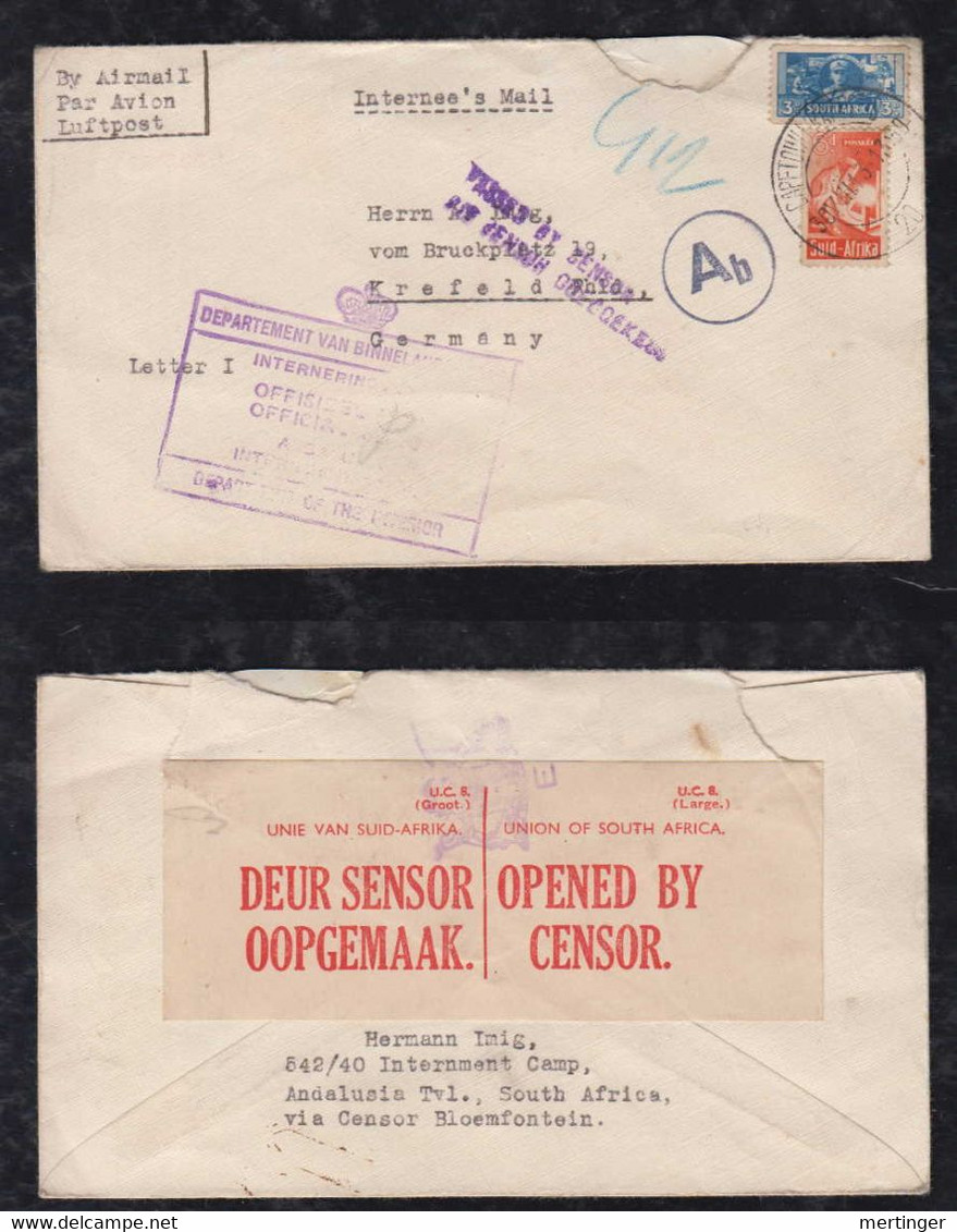 South Africa 1943 POW Censor AIRMAIL Cover To KREFELD Germany - Storia Postale