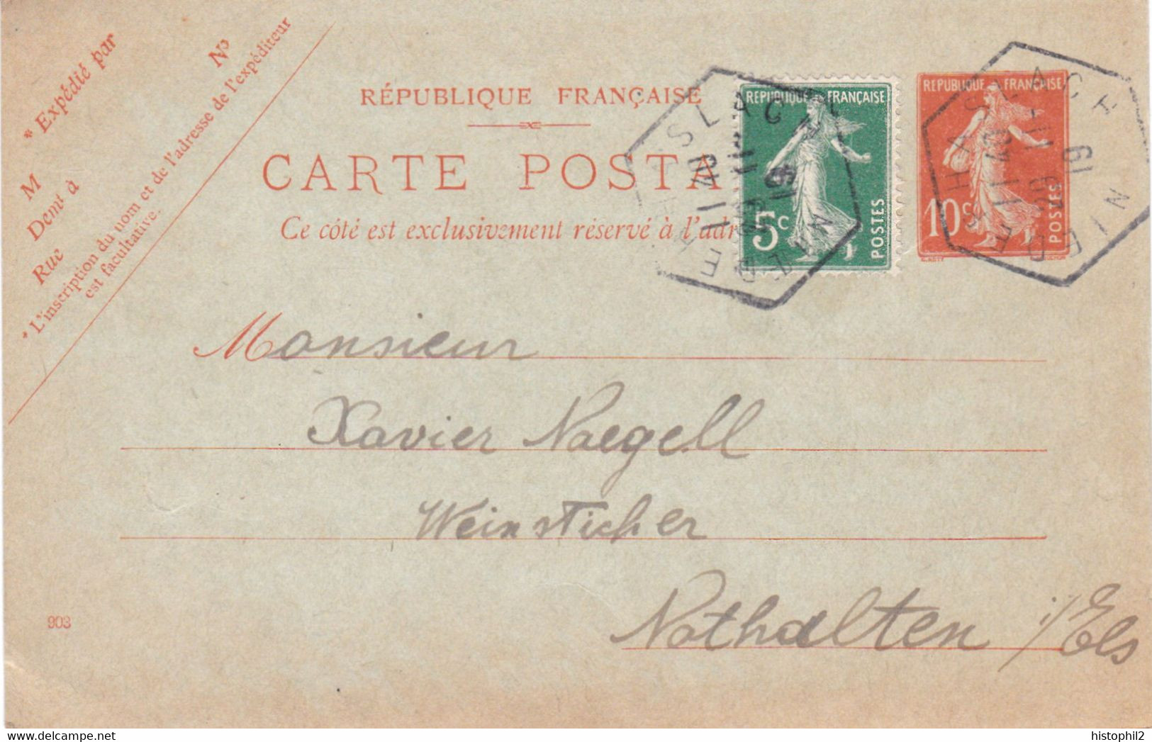 Obl Provisoire Hexagonale Niederhaslach 29/11/1919 (agence Postale Bas-Rhin) Entier CP 10c Semeuse Complété - Lettres & Documents