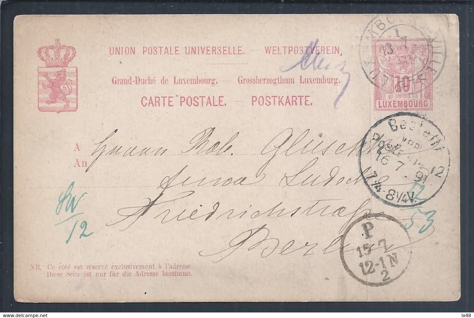 Repeated Postal Stationery From Luxembourg Circulated In 1891 By King D. Afonso. Entier Postal Répété Du Luxembourg Diff - 1891 Adolfo Di Fronte