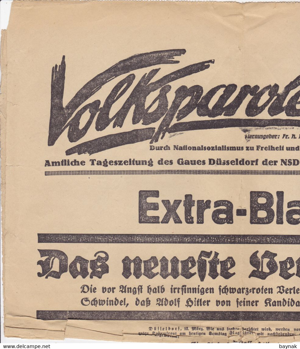 DEUTSCHLAND --  WW2  --  ,, VOLKSPAROLE ,,  -- EXTRA - BLATT TAGESZEITUNG DES GAUES DUSSELDORF DER NSDAP- 1932 - German