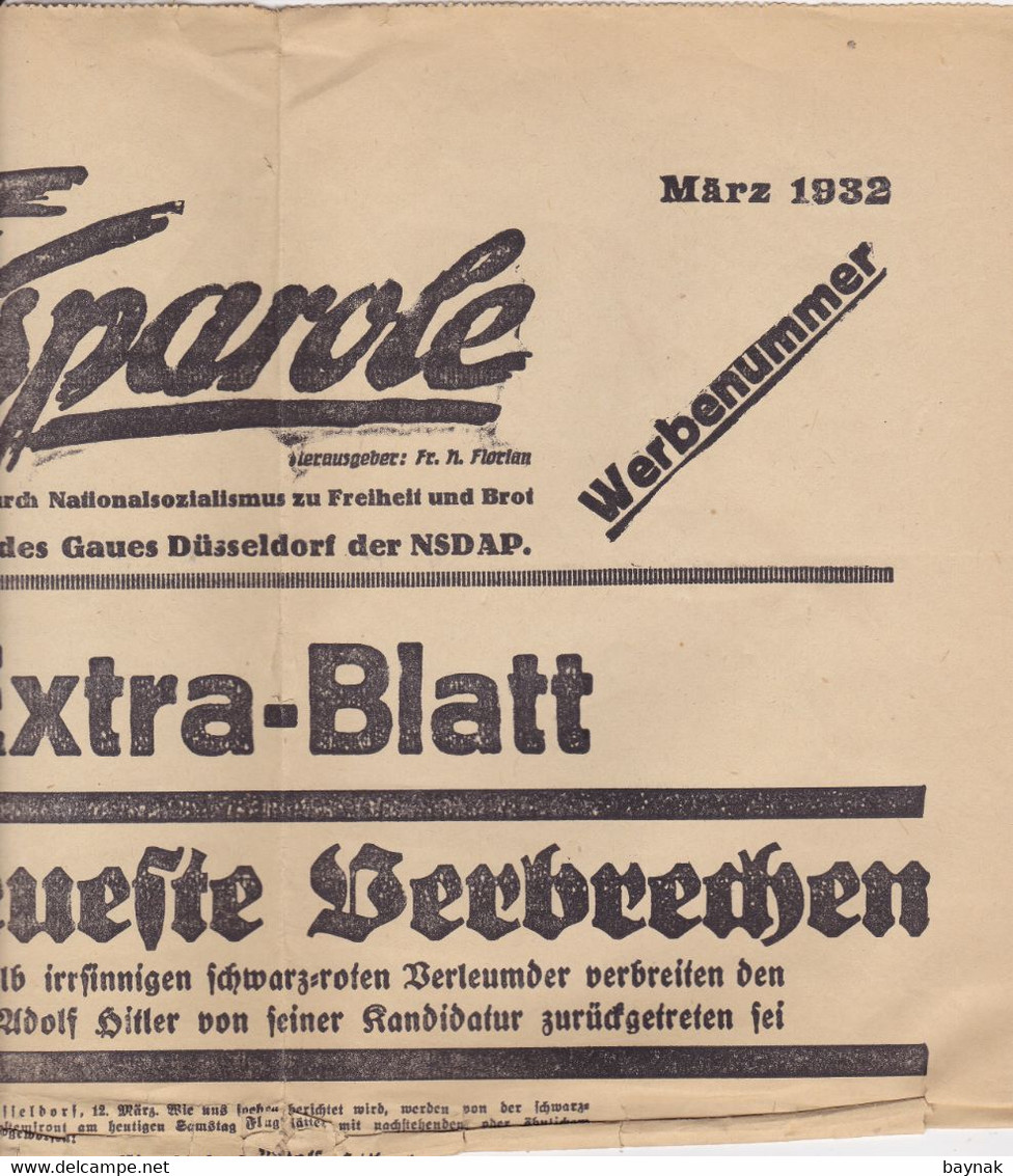 DEUTSCHLAND --  WW2  --  ,, VOLKSPAROLE ,,  -- EXTRA - BLATT TAGESZEITUNG DES GAUES DUSSELDORF DER NSDAP- 1932 - Tedesco