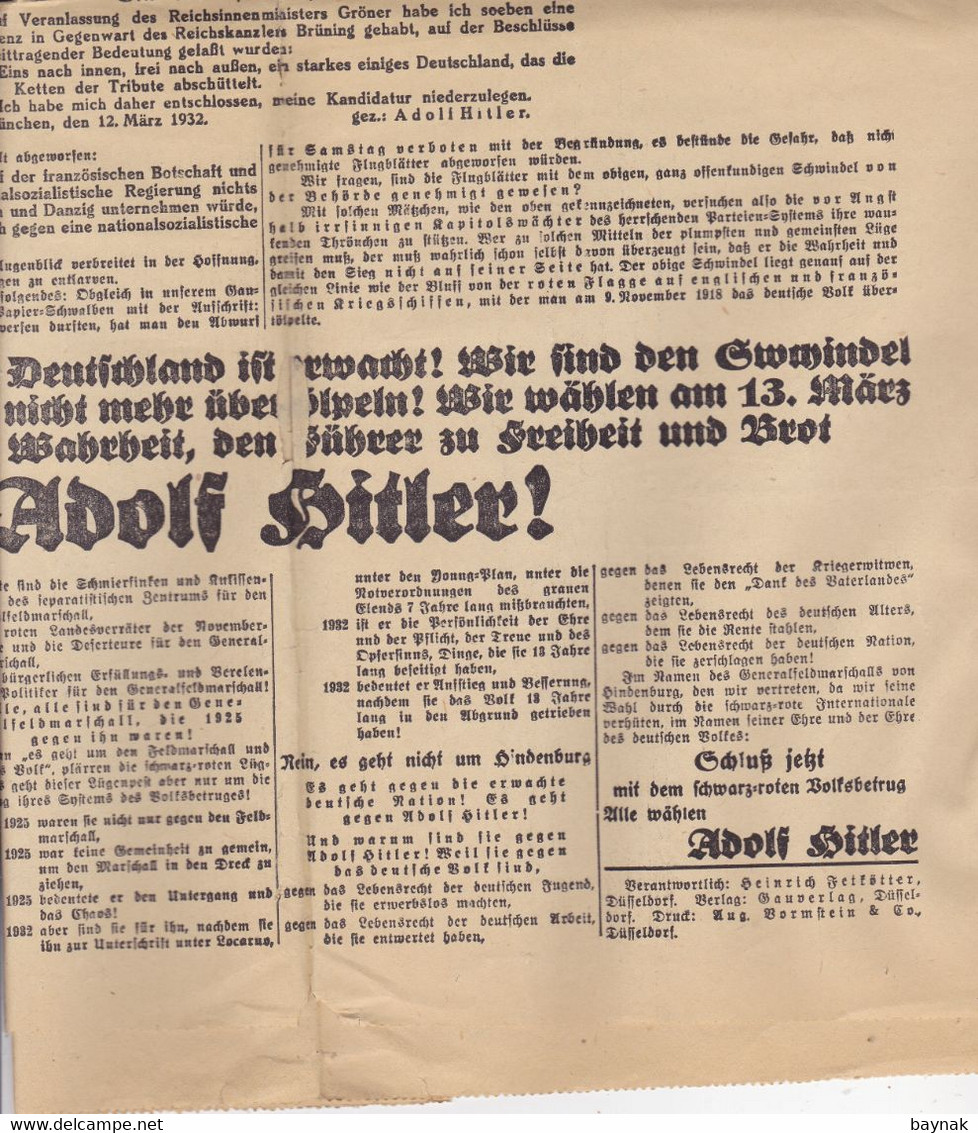 DEUTSCHLAND --  WW2  --  ,, VOLKSPAROLE ,,  -- EXTRA - BLATT TAGESZEITUNG DES GAUES DUSSELDORF DER NSDAP- 1932