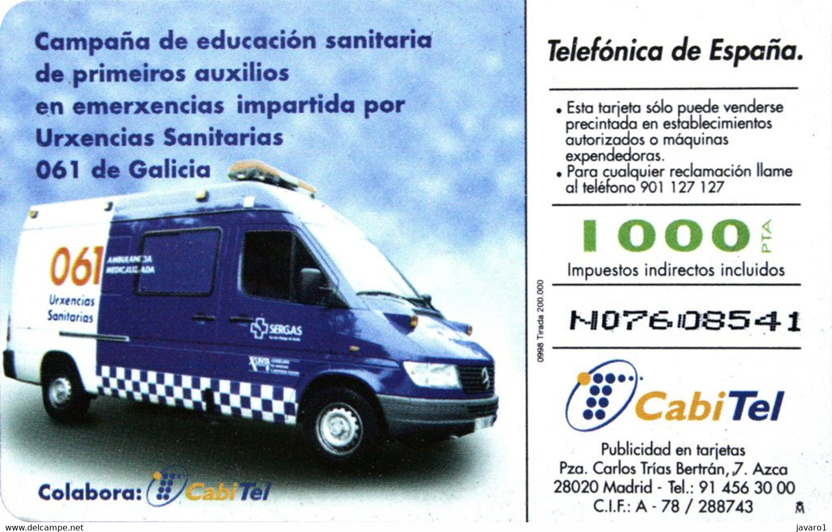 SPAIN : CP133 1000Urxencias Sanitarias , Rev. Mercedes Van Car MINT - Sonstige & Ohne Zuordnung