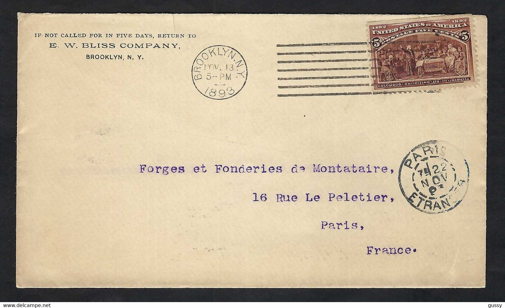 ETATS UNIS 1893: LSC  De Brooklyn (N.Y.) Pour La France, Affr. 5c - Brieven En Documenten