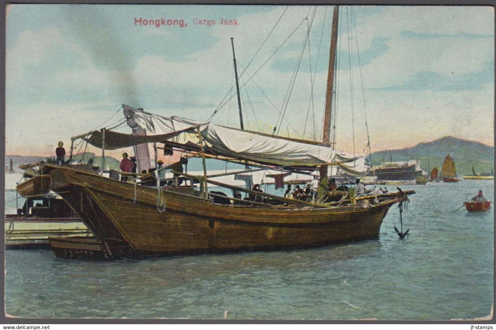 1913. HONG KONG. Georg V FOUR CENTS. On Post Card With Beautiful Ship Motive Cargo Ju... (Michel 100) - JF412619 - Ongebruikt