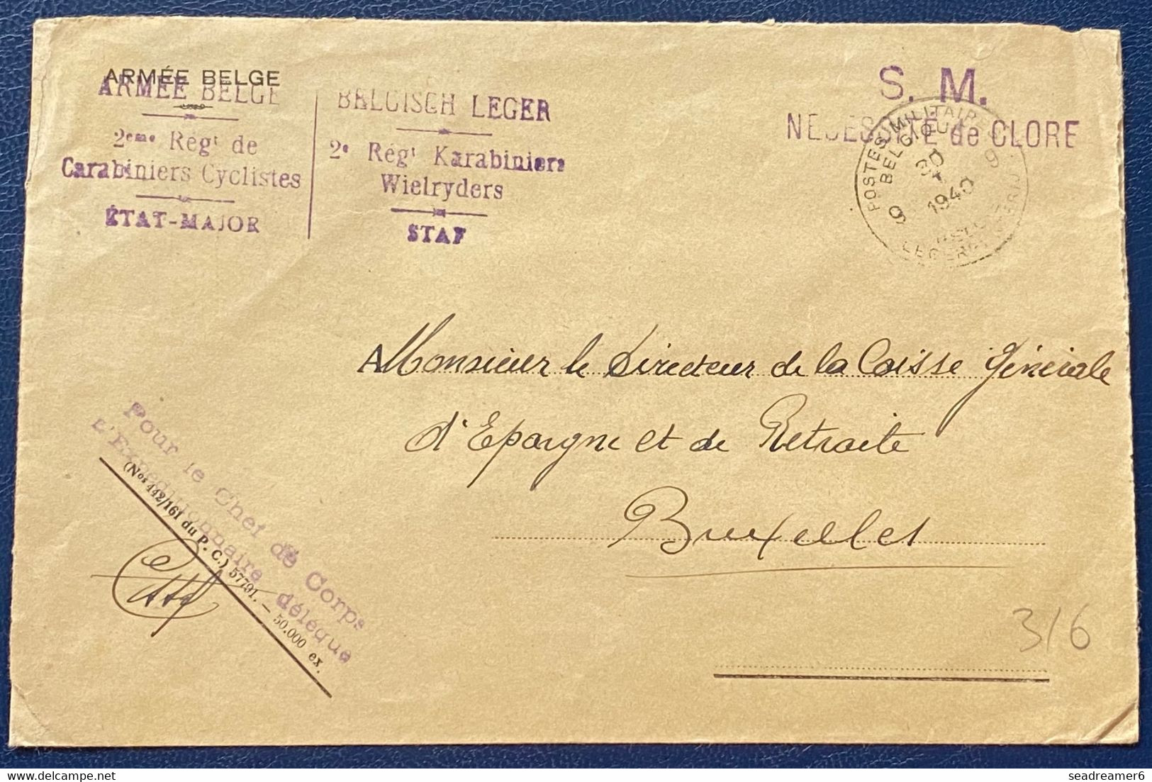 Lettre En SM Bilingue Du 2e Regiment De Carabiniers Cyclistes/ état-major Obl "9 Postes Militaires Belgique 9" RR - Guerra 40 – 45 (Cartas & Documentos)