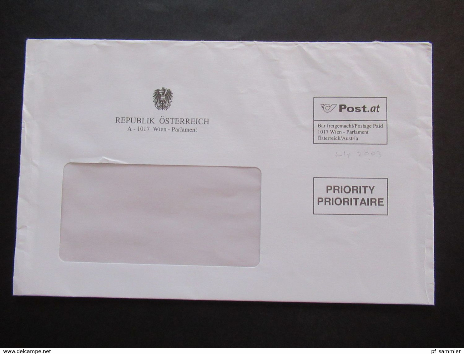 Österreich 2003 Umschlag Republik Österreich Priority Bar Freigemacht / Postage Paid 1017 Wien Parlament - Brieven En Documenten