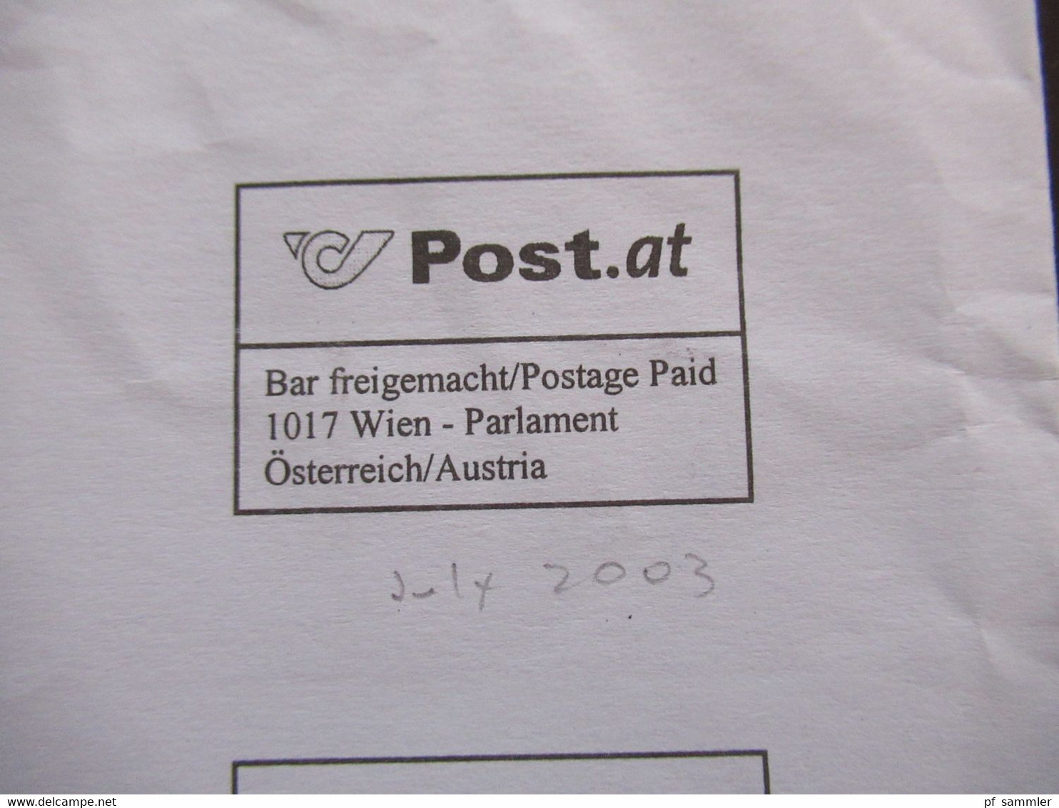 Österreich 2003 Umschlag Republik Österreich Priority Bar Freigemacht / Postage Paid 1017 Wien Parlament - Briefe U. Dokumente