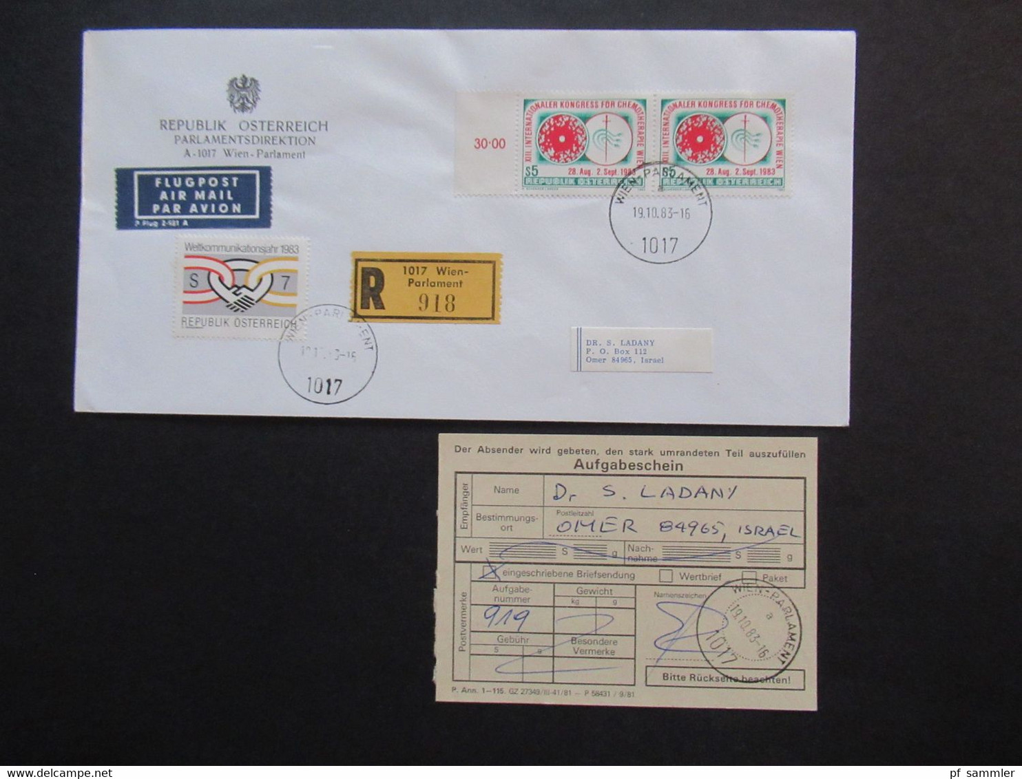 Österreich 1983 Einschreiben Mit Aufgabeschein 1017 Wie Parlament Flugpost Air Mail Nach Omer Israel Mit 2 Ank. Stempel - Covers & Documents