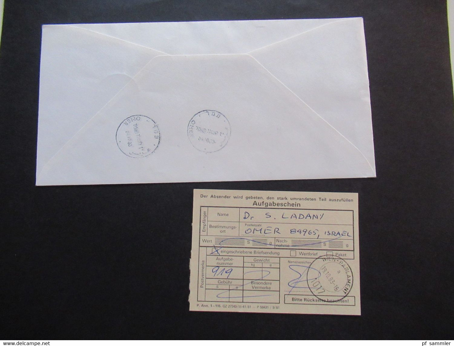 Österreich 1983 Einschreiben Mit Aufgabeschein 1017 Wie Parlament Flugpost Air Mail Nach Omer Israel Mit 2 Ank. Stempel - Covers & Documents