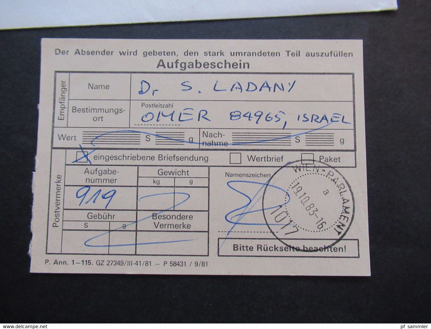 Österreich 1983 Einschreiben mit Aufgabeschein 1017 Wie Parlament Flugpost Air Mail nach Omer Israel mit 2 Ank. Stempel