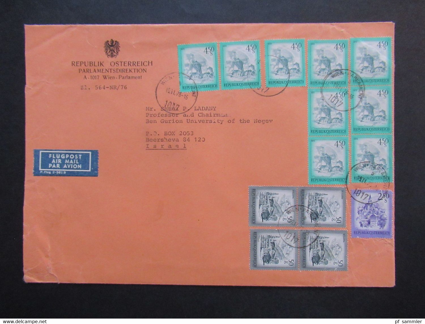 Parlamentsdirektion 1976 Flugpost Nach Israel Professor U. Chairman Shaul Ladany An Der Ben Gurion Uni Social Philately - Storia Postale