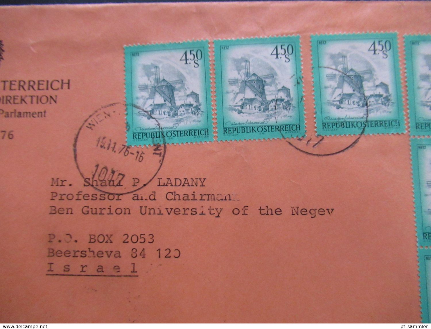 Parlamentsdirektion 1976 Flugpost Nach Israel Professor U. Chairman Shaul Ladany An Der Ben Gurion Uni Social Philately - Storia Postale