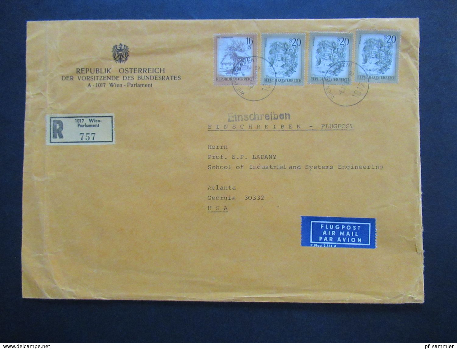 Der Vorsitzende Des Bundesrates 1980 Flugpost Nach Atlanta Einschreiben Wien Parlament An Shaul Ladany Social Philately - Lettres & Documents