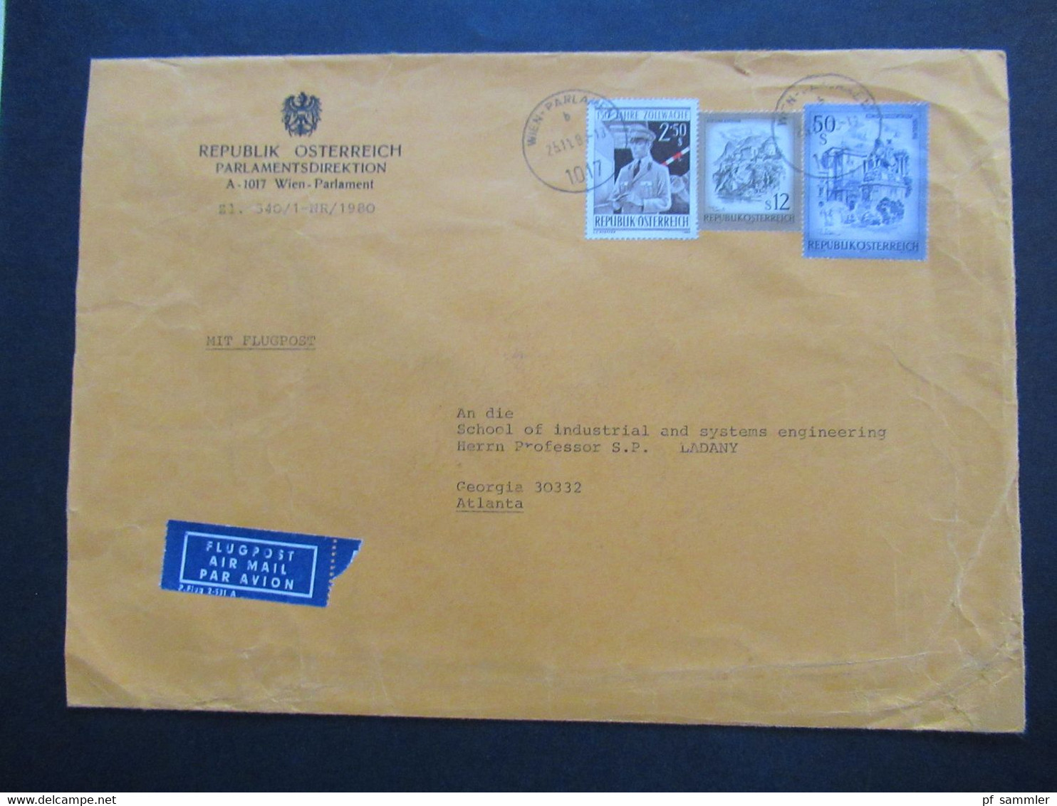 Parlamentsdirektion 1017 Wien 1980 Flugpost Nach Atlanta An Shaul Ladany Social Philately / Judaica. Wien Parlament - Cartas & Documentos