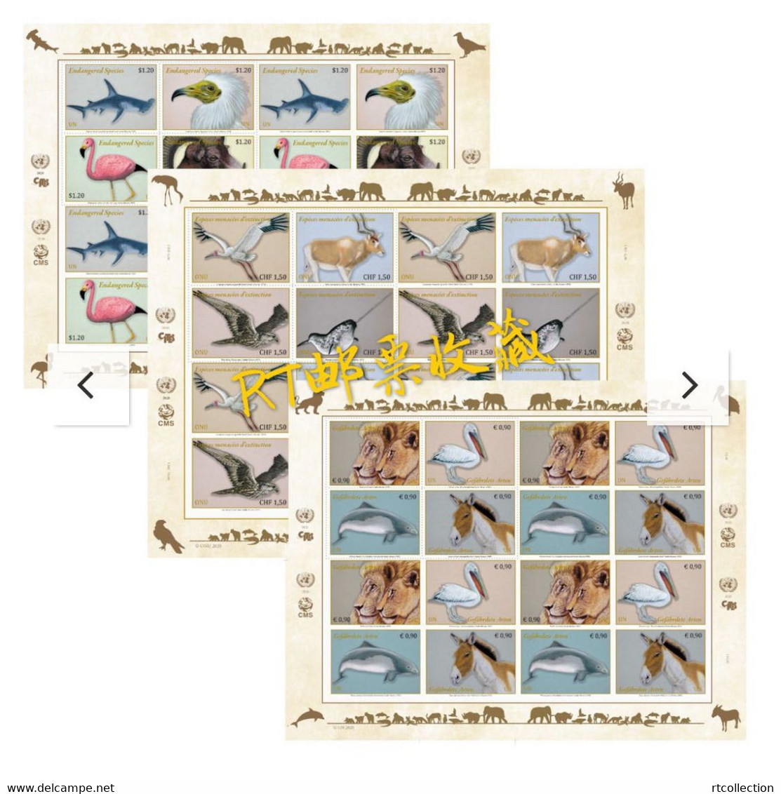 United Nations 2020 UN Geneva New York Vienna - 3 M/S Fauna Endangered Species Animals Birds Donkeys Shark Stamps MNH - Donkeys