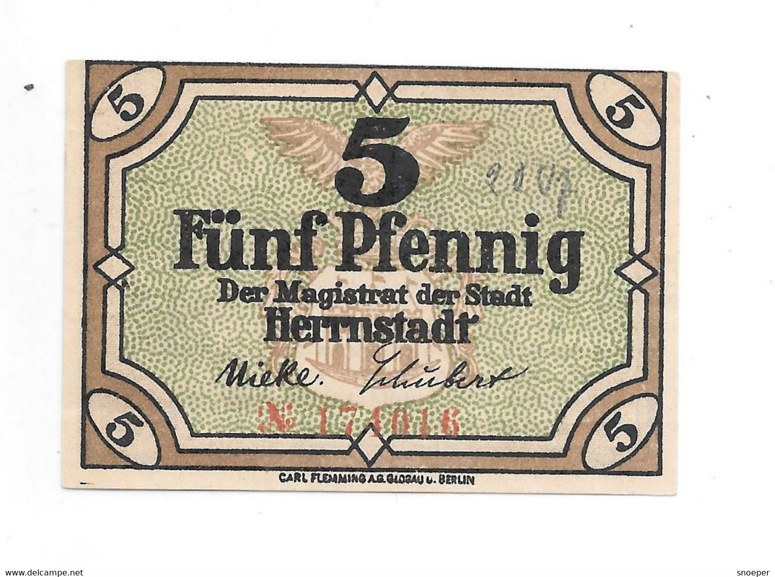 Notgeld Herrnstadt 5 Pfennig 1920  Km H31.1 - [11] Emissioni Locali