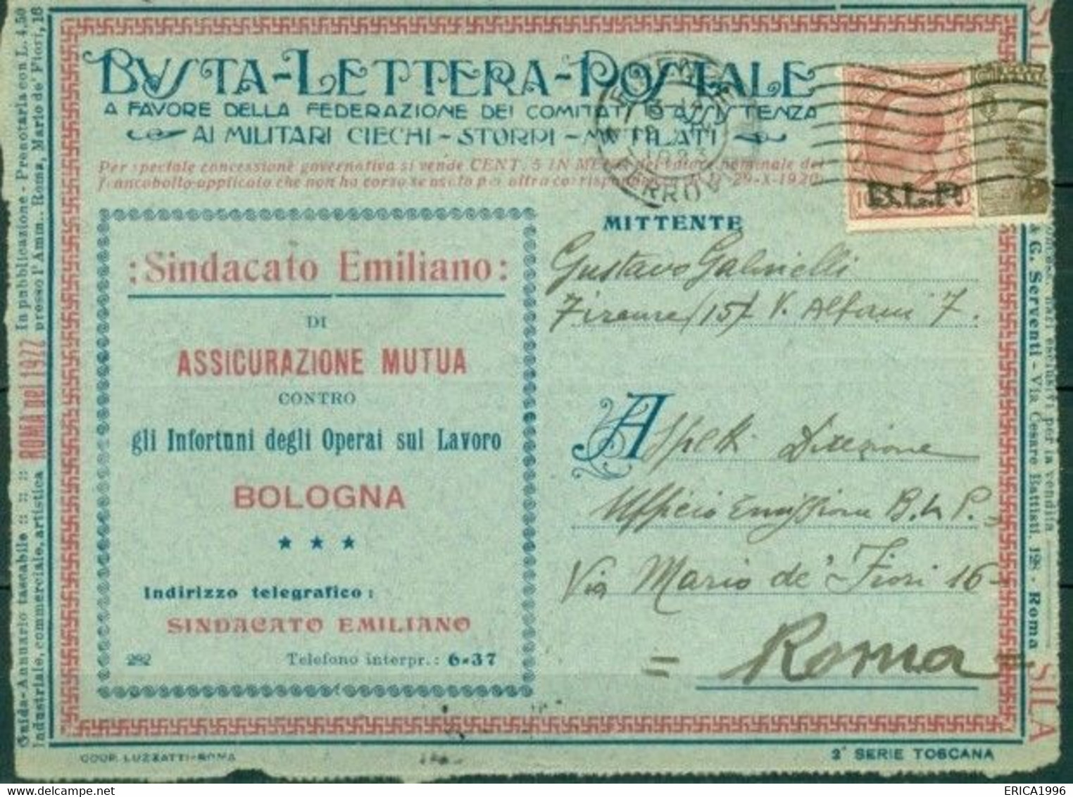 V6905 ITALIA 1923 REGNO B.L.P. 10 C. III Tipo (Sass. 13)  Su Busta Lettera Postale Della Serie Toscana 2 Da Firenze 12.I - Stamps For Advertising Covers (BLP)