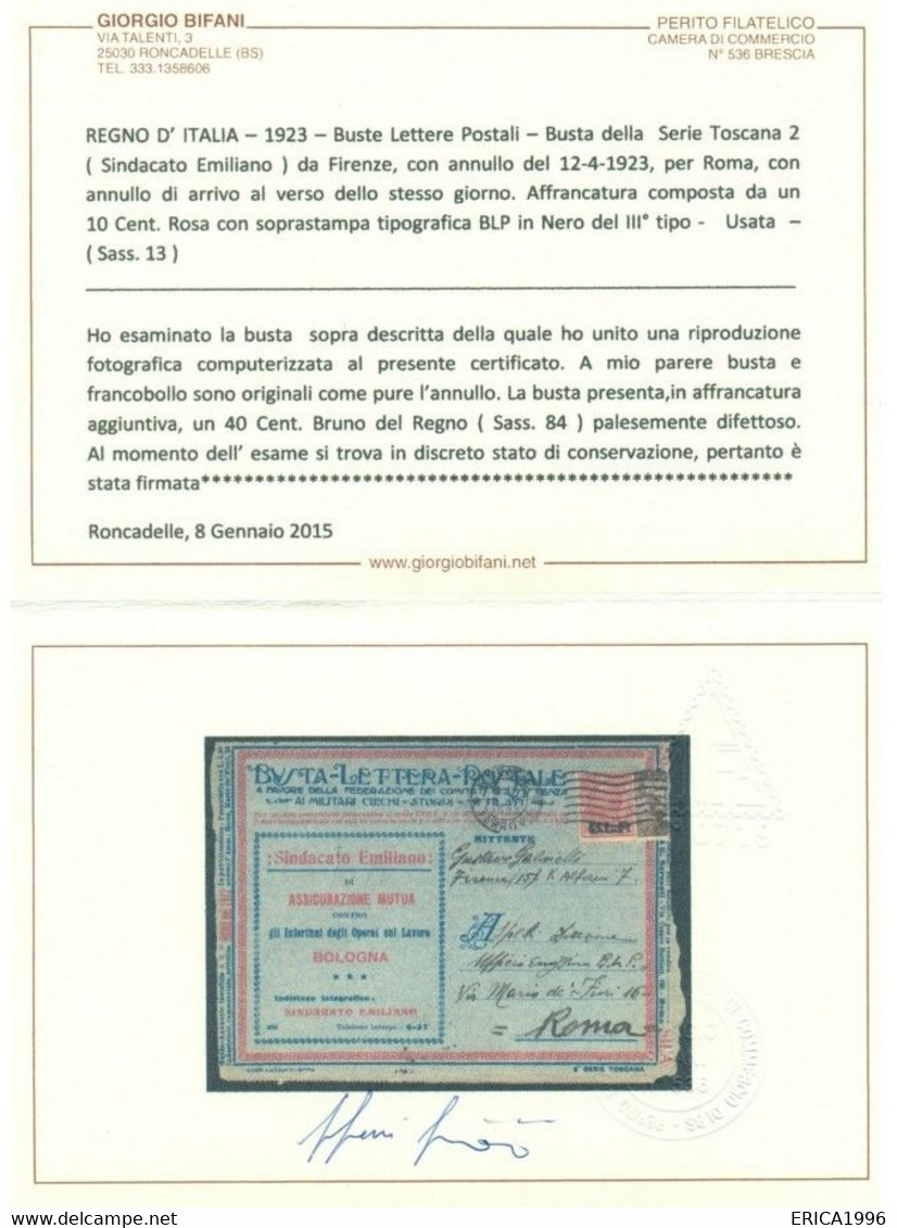 V6905 ITALIA 1923 REGNO B.L.P. 10 C. III Tipo (Sass. 13)  Su Busta Lettera Postale Della Serie Toscana 2 Da Firenze 12.I - Stamps For Advertising Covers (BLP)