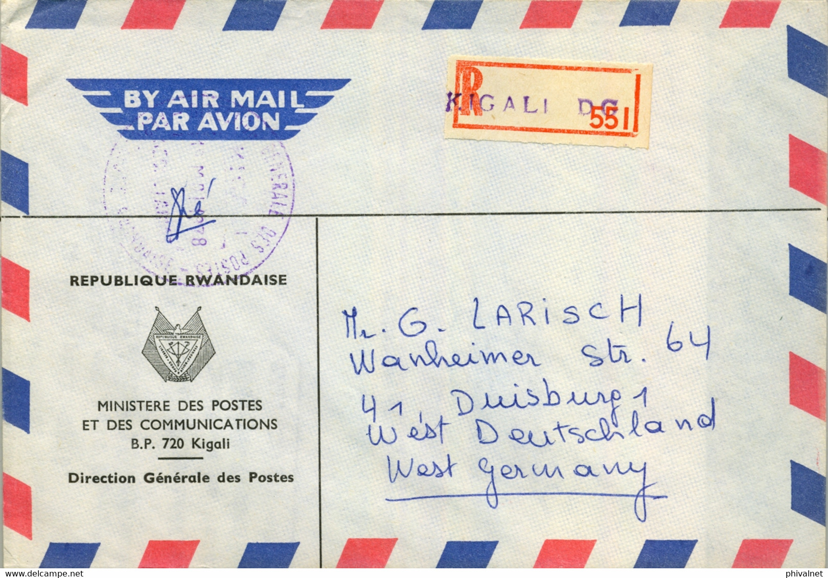 1978 RWANDA , SOBRE CERTIFICADO , KIGALI - MINISTERIO DE CORREOS Y TELECOMUNICACIONES - Andere & Zonder Classificatie