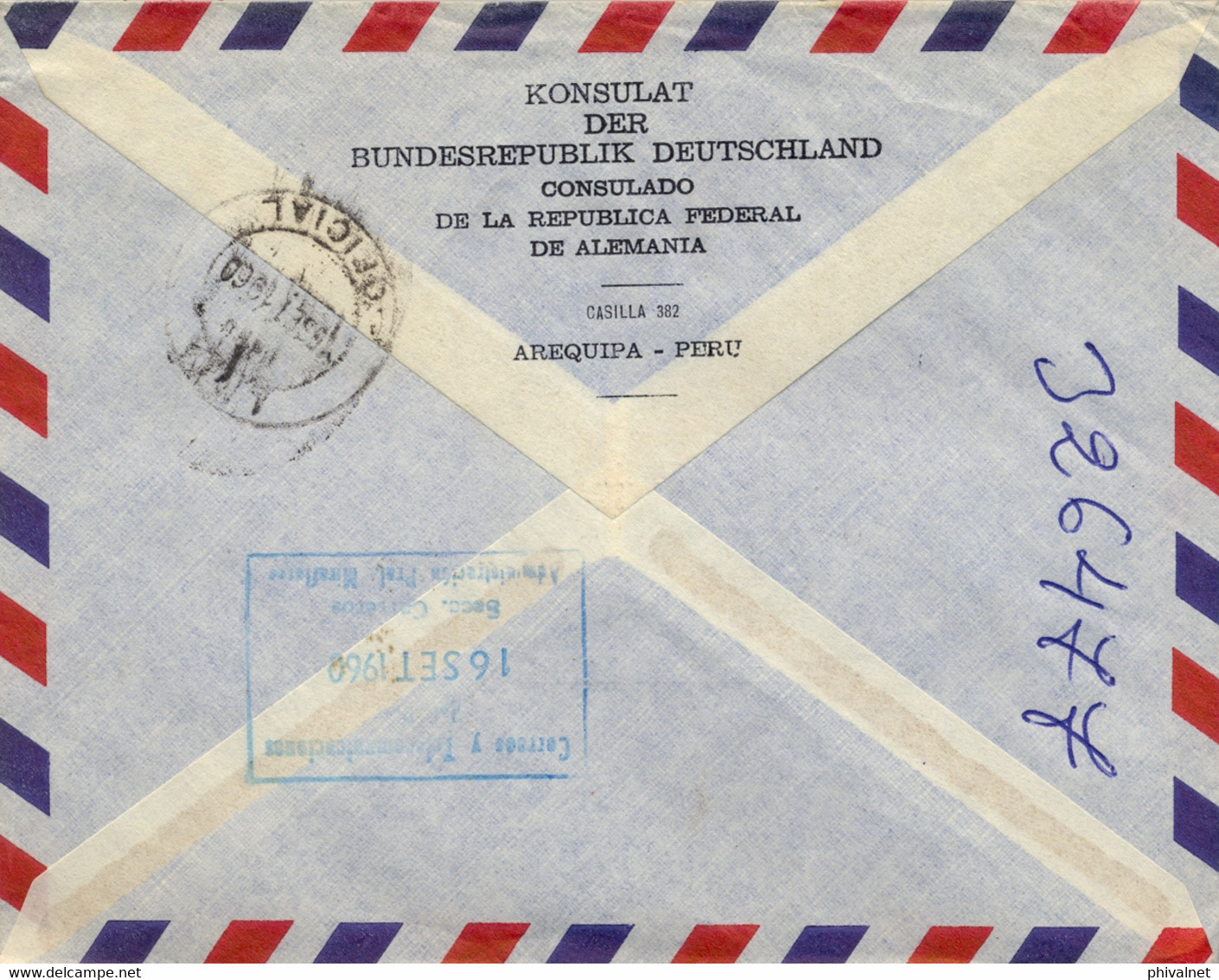 1960 PERÚ , SOBRE CERTIFICADO , AREQUIPA - LIMA , CORREO CONSULAR , LLEGADA - Pérou