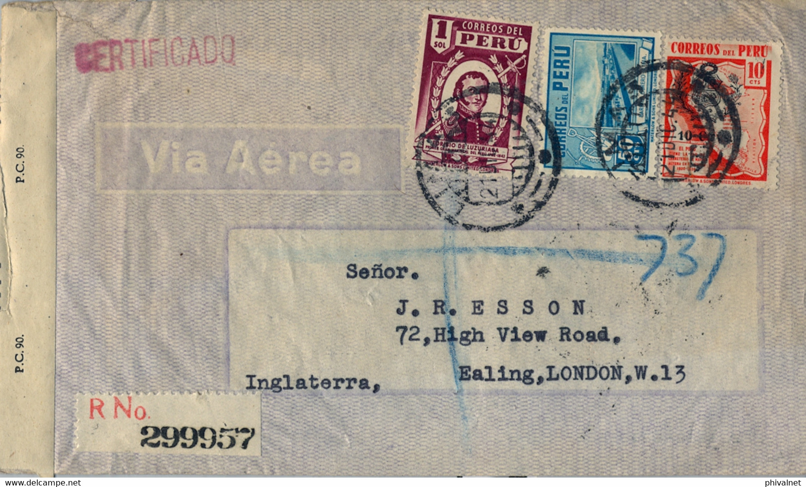 1944 PERÚ , SOBRE CERTIFICADO , LIMA - LONDRES , CORREO AÉREO , TRÁNSITO MIAMI Y NUEVA YORK , CENSURA - Pérou