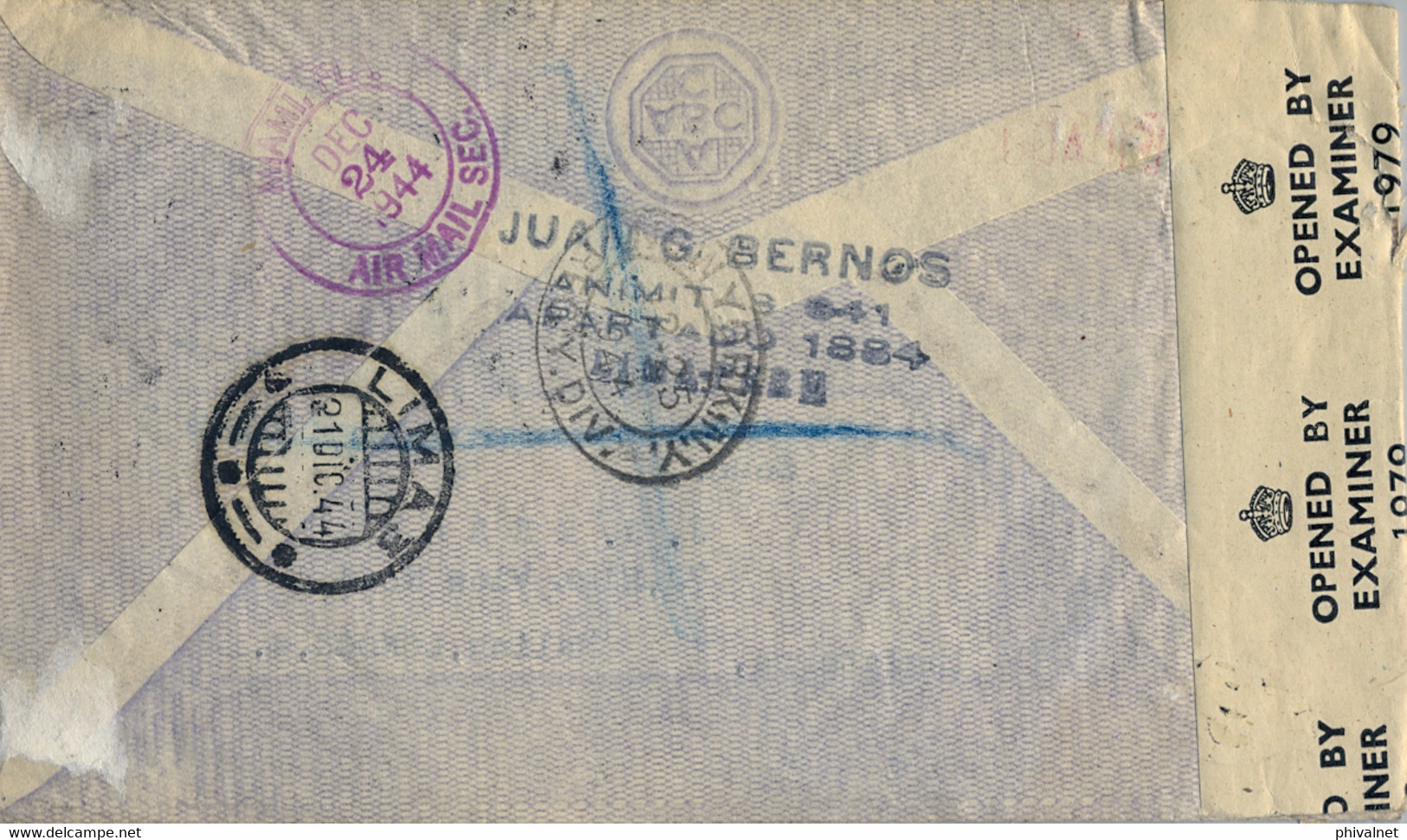 1944 PERÚ , SOBRE CERTIFICADO , LIMA - LONDRES , CORREO AÉREO , TRÁNSITO MIAMI Y NUEVA YORK , CENSURA - Peru