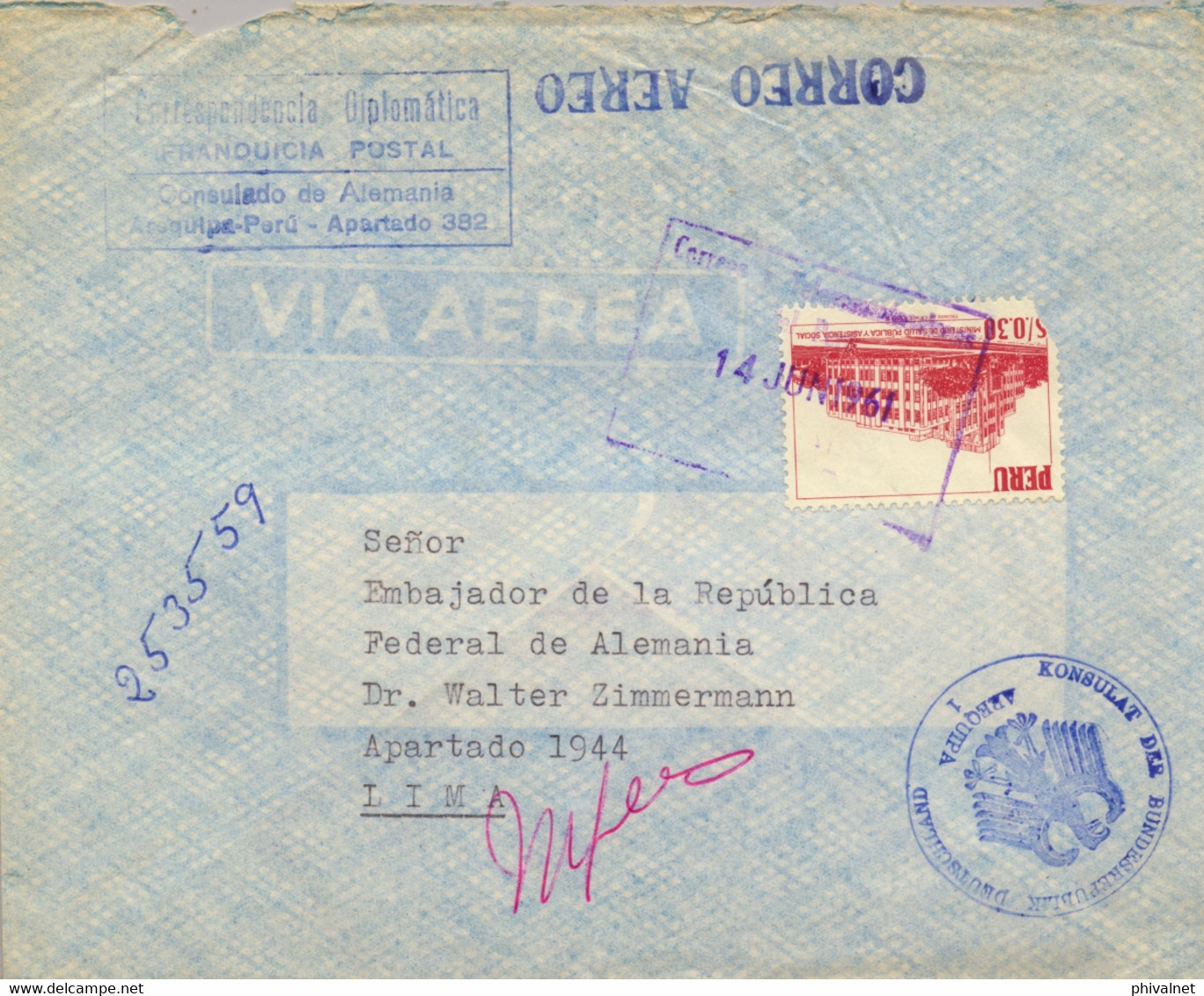 1961 PERÚ , SOBRE CIRCULADO ENTRE AREQUIPA Y LIMA , CORREO CONSULAR , CORRESPONDENCIA DIPLOMÁTICA / FRANQUICIA POSTAL - Pérou