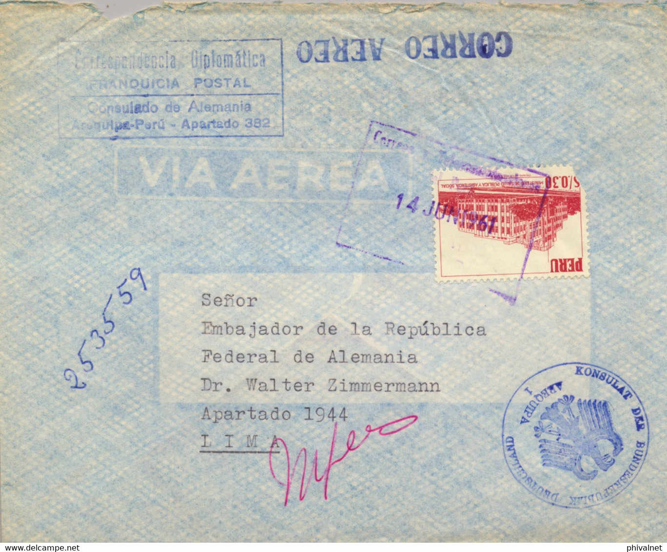 1961 PERÚ , SOBRE CIRCULADO ENTRE AREQUIPA Y LIMA , CORREO CONSULAR , CORRESPONDENCIA DIPLOMÁTICA / FRANQUICIA POSTAL - Perú